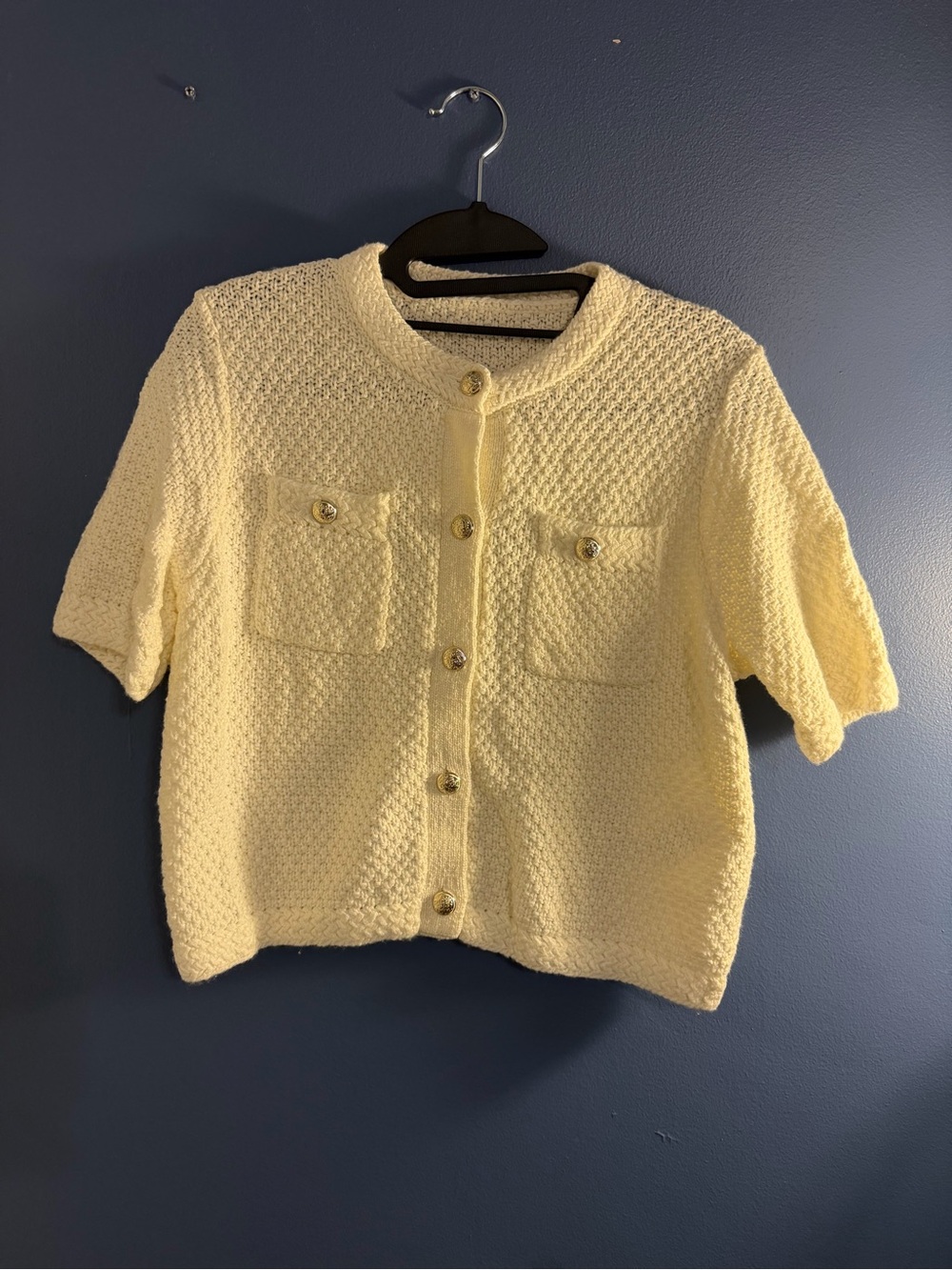 GOELIA Pale Cream Textured Short Sleeve Cardigan Medium